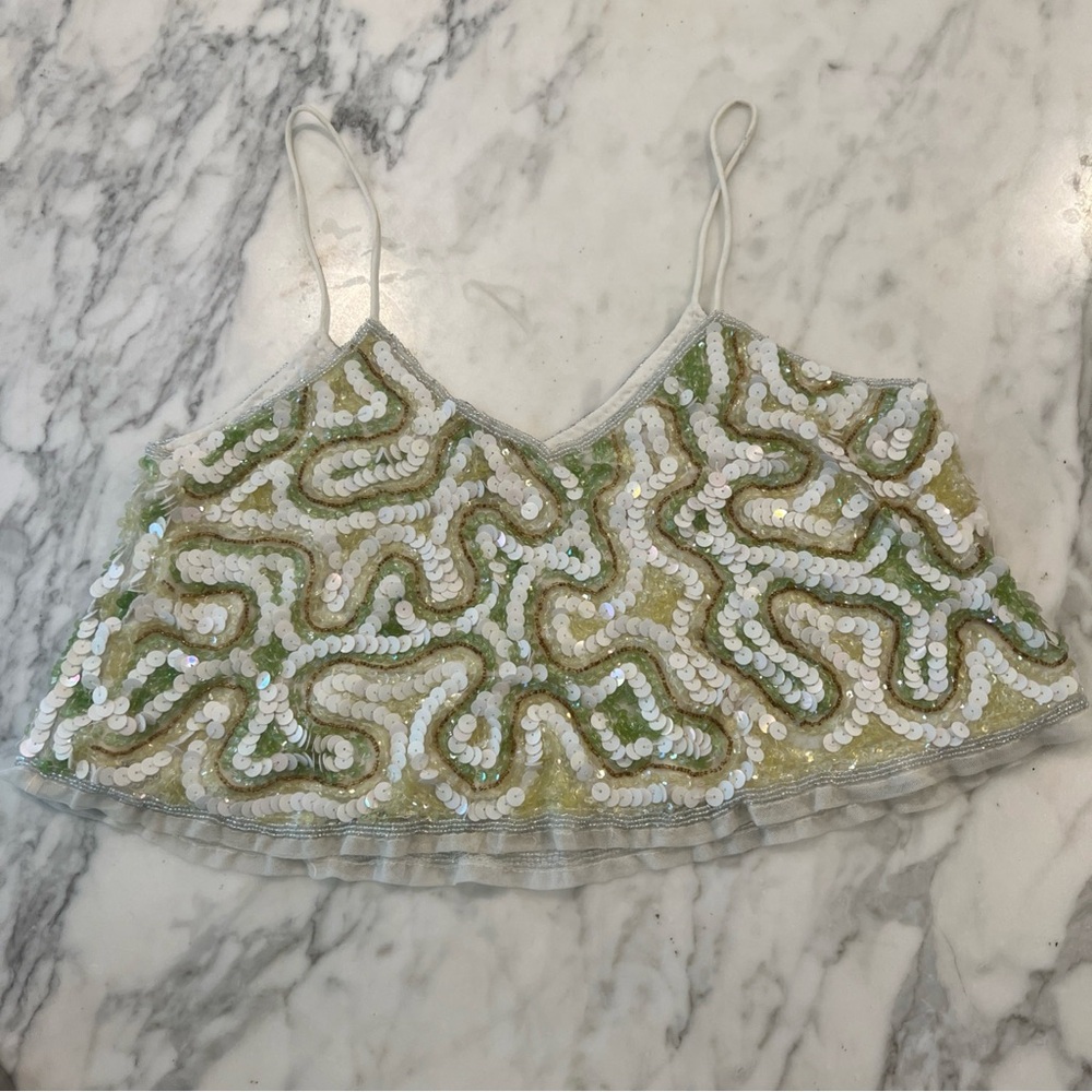 ASOS Design Tank Sequin V Neck Crop Top White/Green Size 4